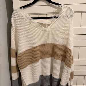 moon & madison V-Neck Sweater - Cream, Brown, and Gray